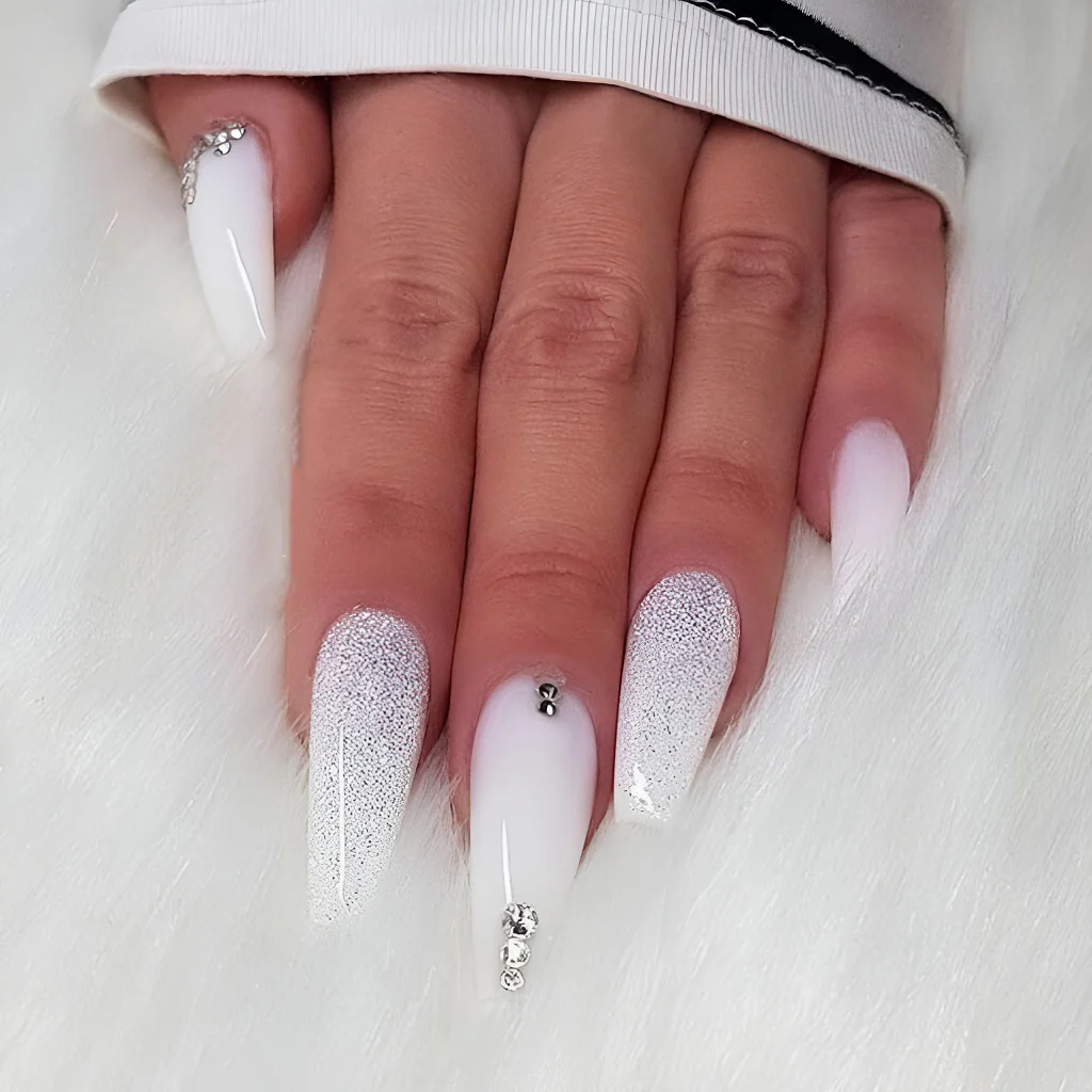 White Nails with Glitter