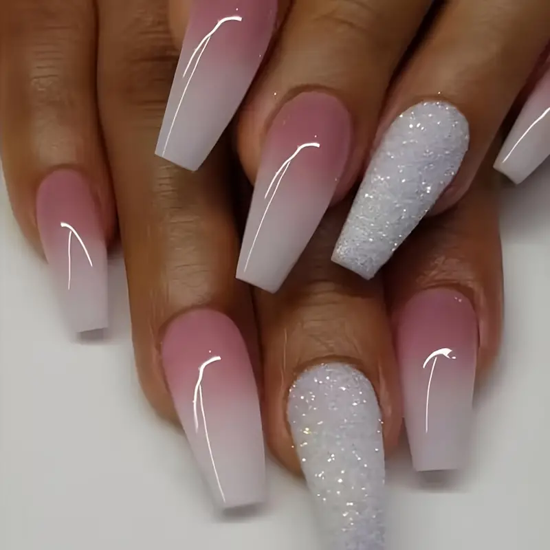 White Nails with Glitter