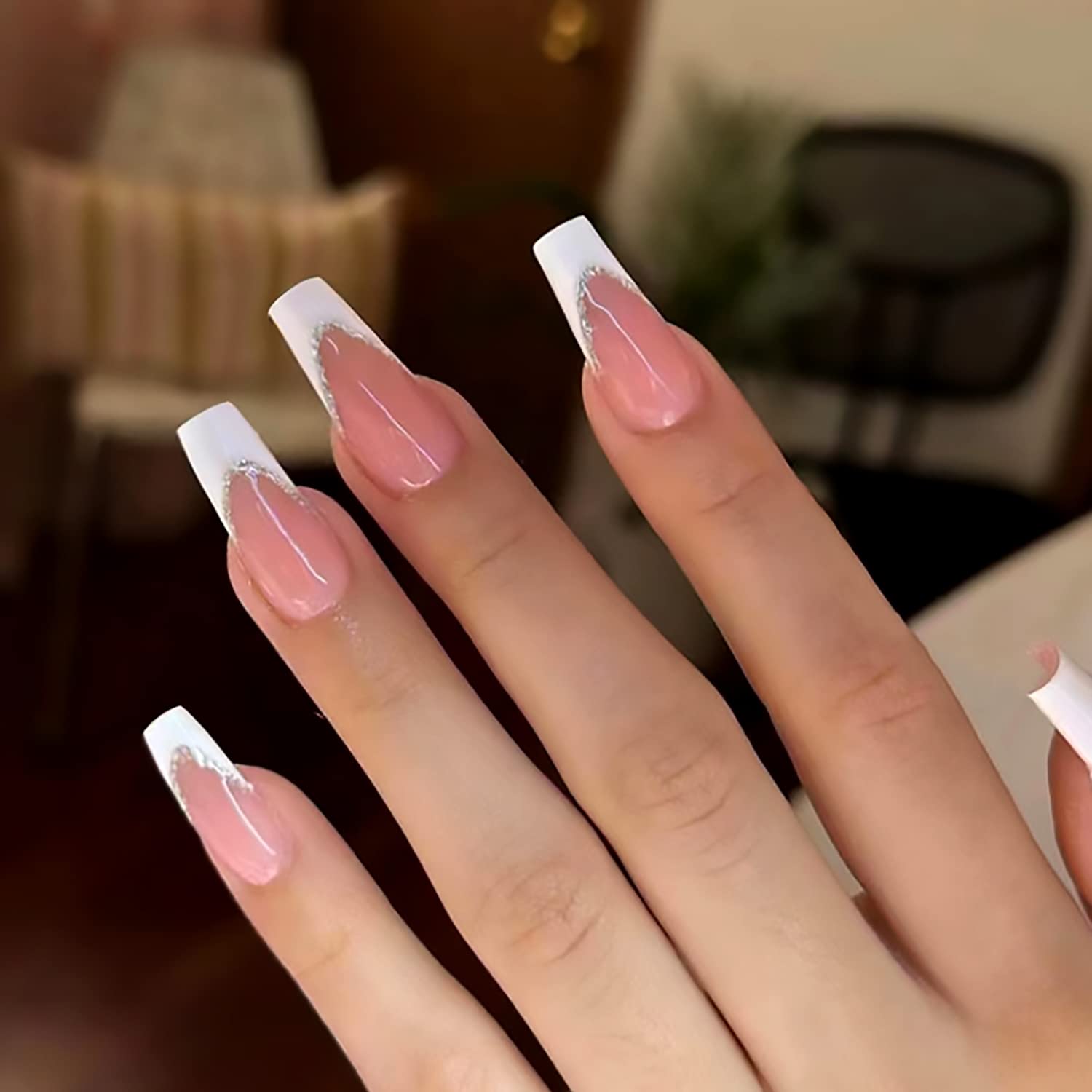 White Nails with Glitter